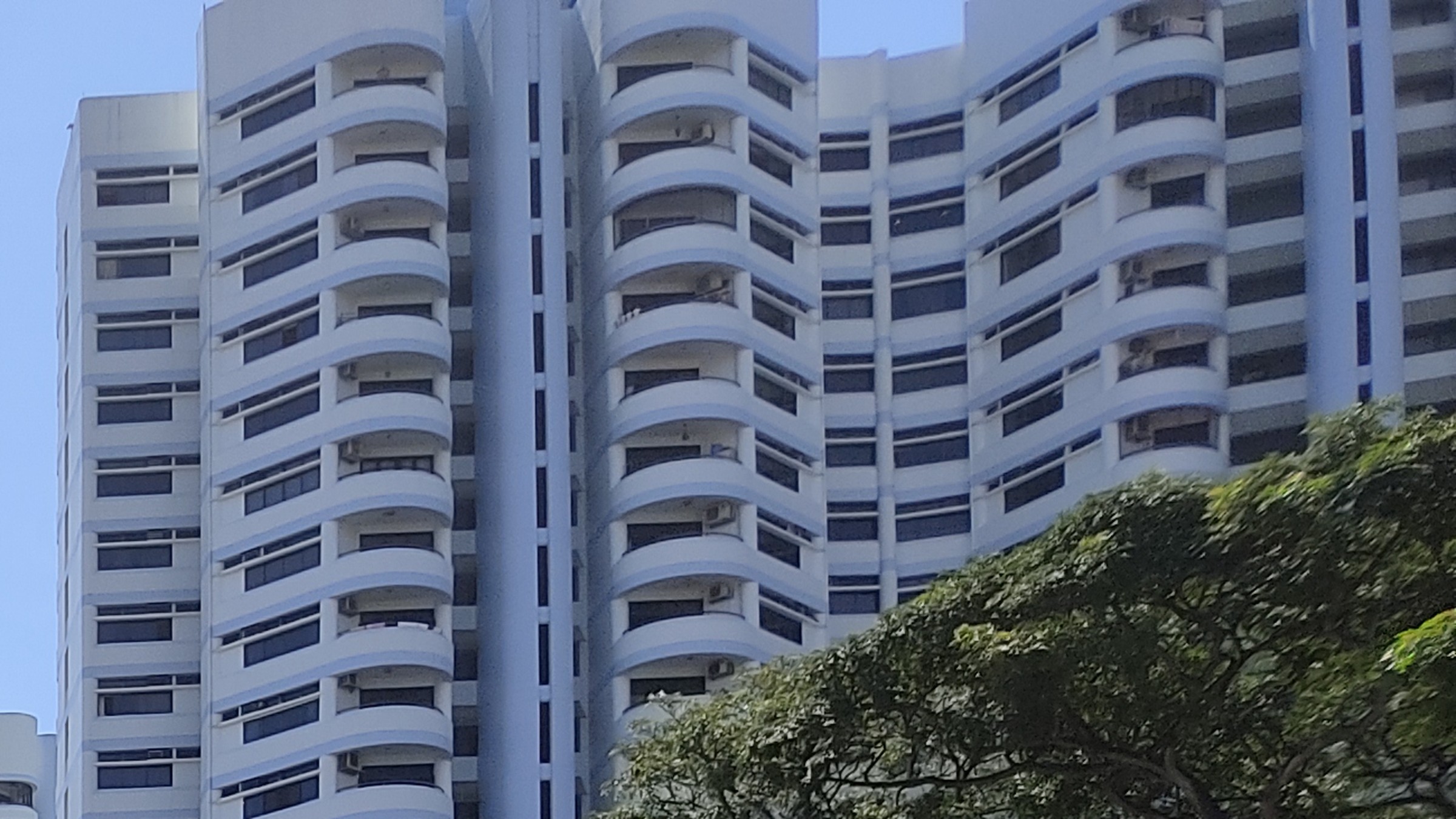 The white towers of Mandarin Gardens condominium filling the frame, with their curved balcony bands and a mature tree in the foreground