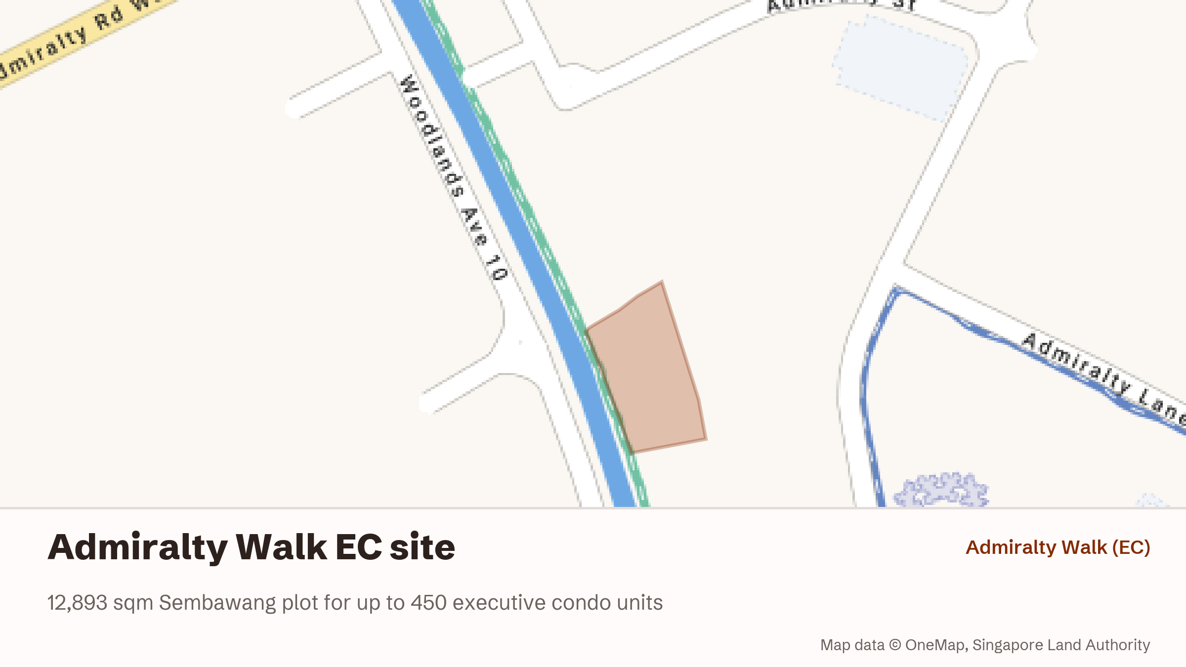 Map shading the exact boundary of the Admiralty Walk executive condominium site in Sembawang, on the east bank of Sungei Sembawang beside Woodlands Avenue 10.