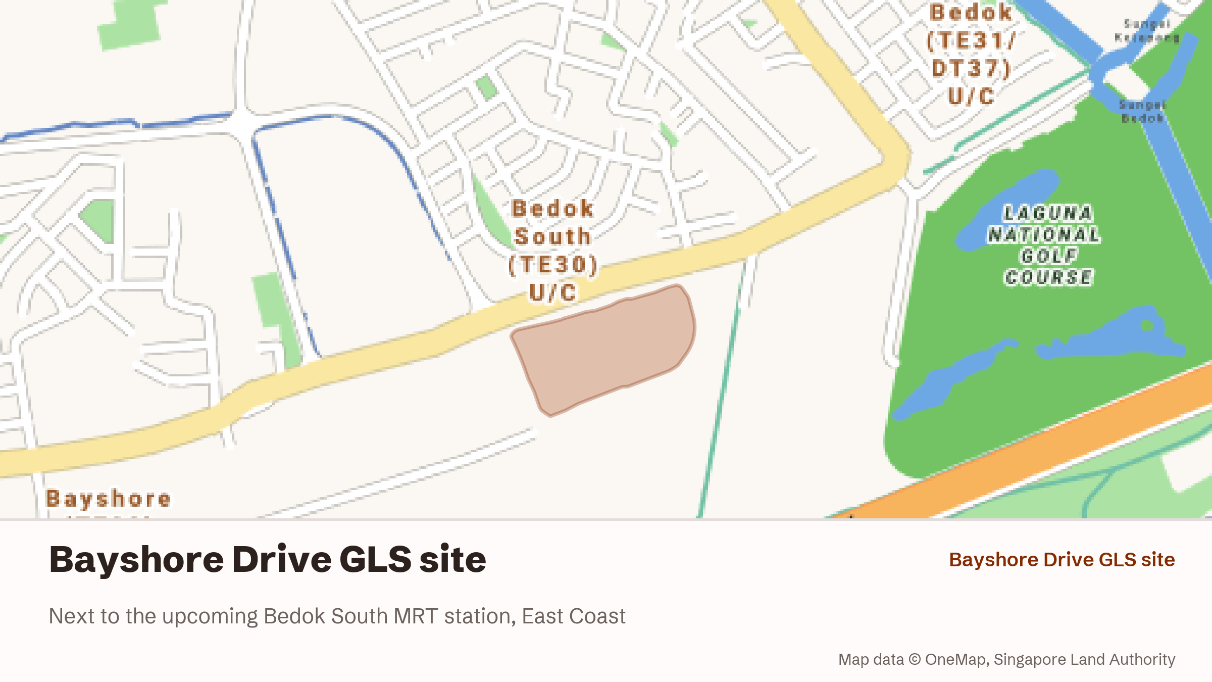 OneMap location map marking the Bayshore Drive GLS site next to the future Bedok South MRT station on the Thomson-East Coast Line, with Laguna National Golf Course to the east.