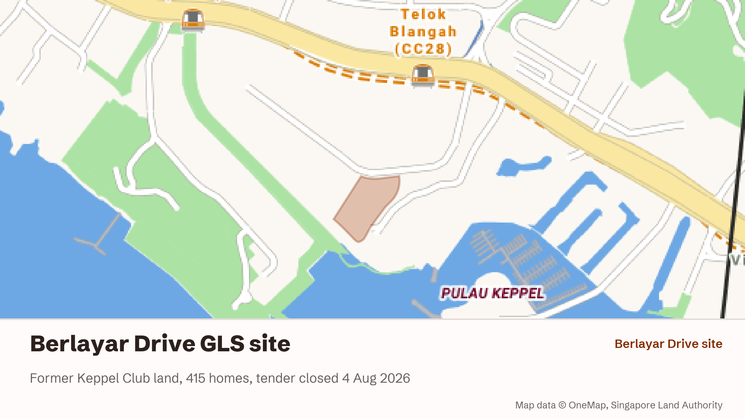 Map showing the Berlayar Drive government land sale site on former Keppel Club land in Bukit Merah, south of Telok Blangah MRT station, with the exact site boundary shaded.