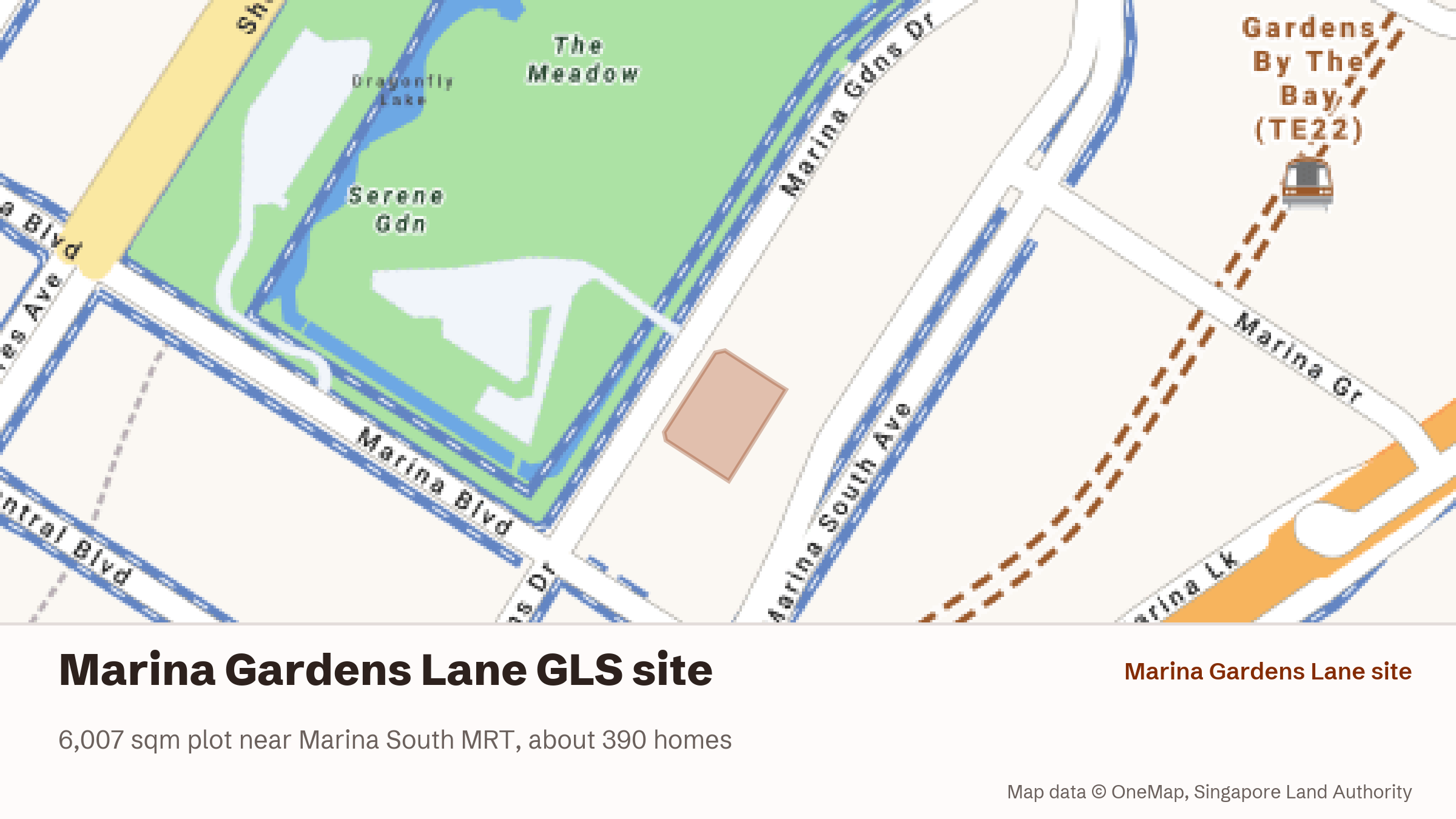 Map of the Marina Gardens Lane GLS site, a shaded parcel between Marina Gardens Drive and Marina South Avenue, across the road from Gardens by the Bay and near Marina South MRT station.