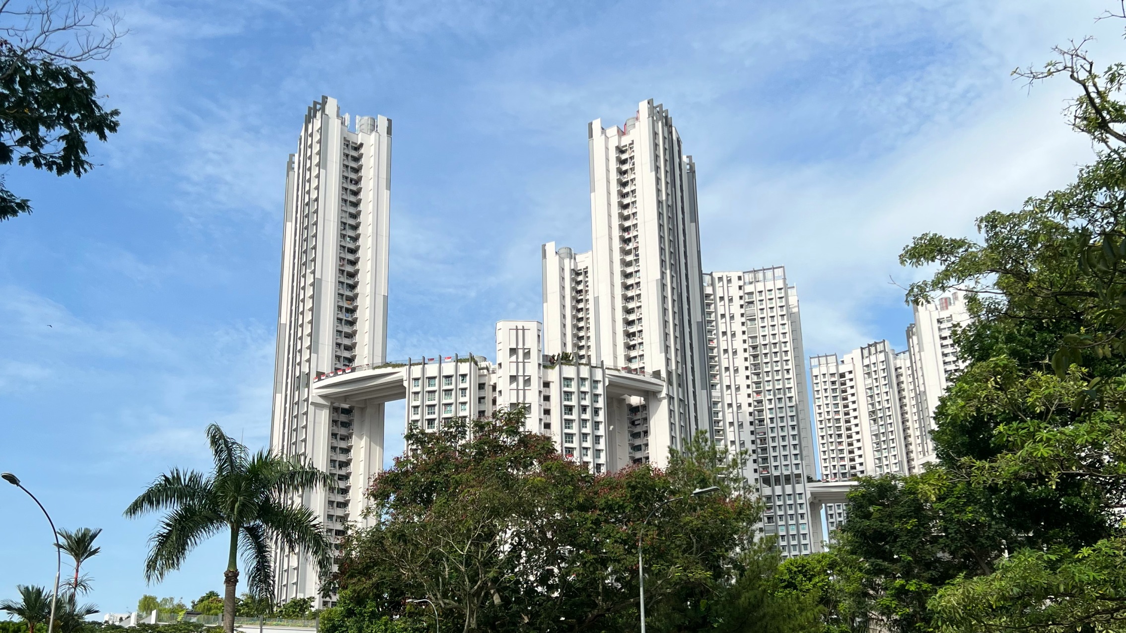 Tall white HDB towers of the SkyOasis at Dawson public housing project in Queenstown, linked by sky bridges and framed by trees under a blue sky.