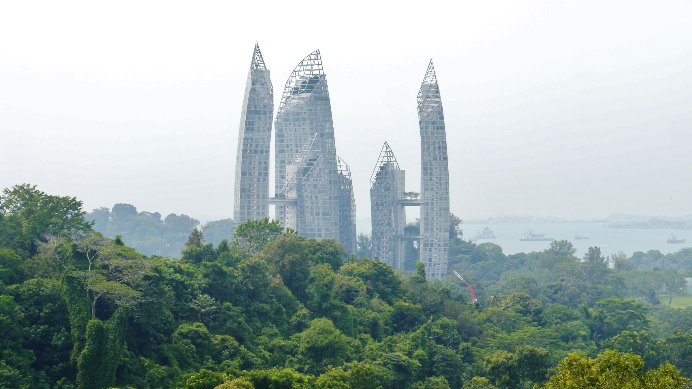 The sail-shaped towers of Reflections at Keppel Bay rising above greenery, with the harbour behind.