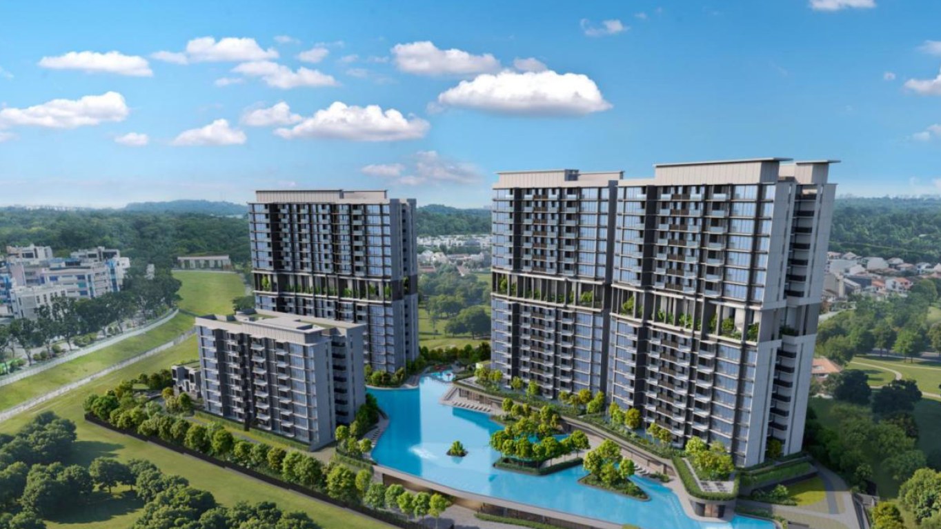 Artist's impression of Lentor Gardens Residences, an aerial view of its 16-storey blocks and lower 8-storey block arranged around a landscaped central pool.