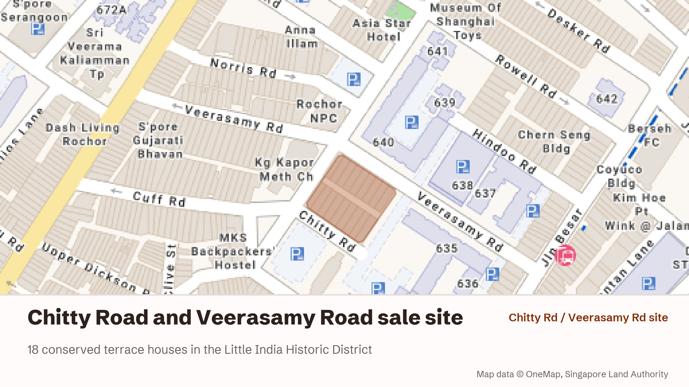 OneMap location map showing the shaded Chitty Road and Veerasamy Road sale site, a parcel between the two roads in the Little India Historic District.