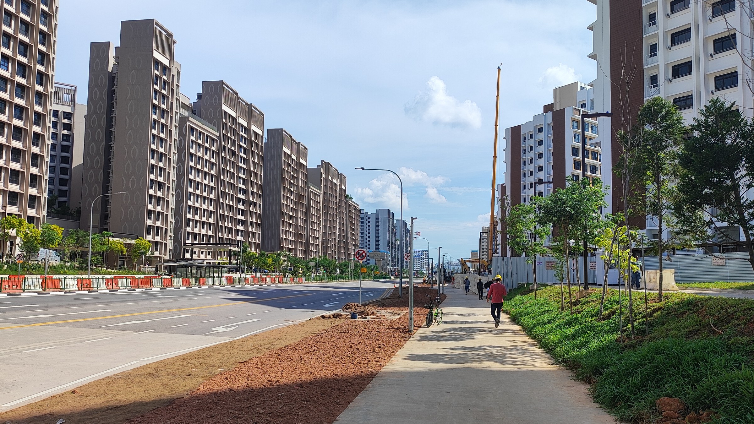 Newly completed HDB blocks along a fresh road in Tengah new town.