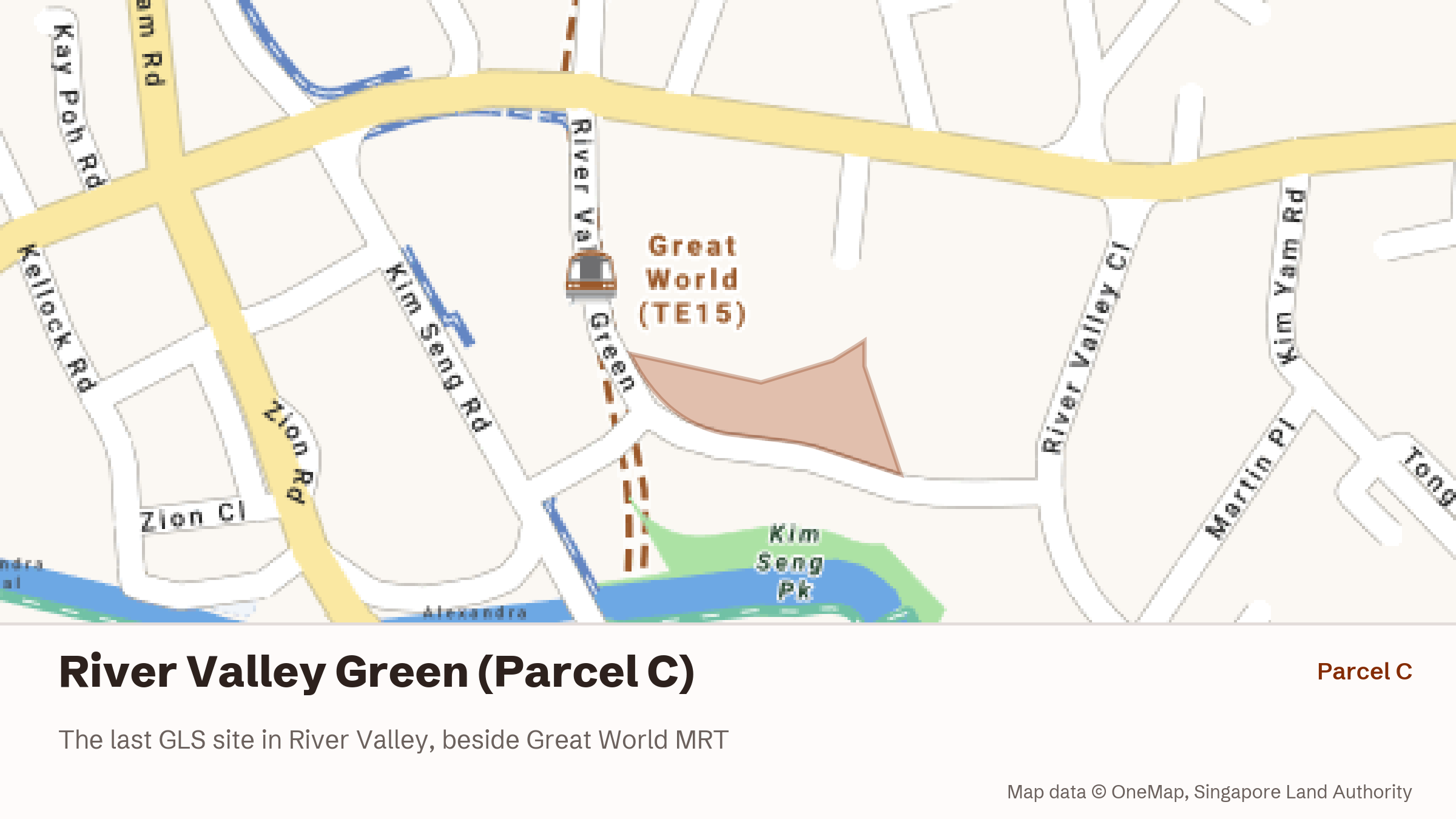 Map of the exact River Valley Green (Parcel C) land parcel, shaded, beside Great World MRT in Singapore's District 9.
