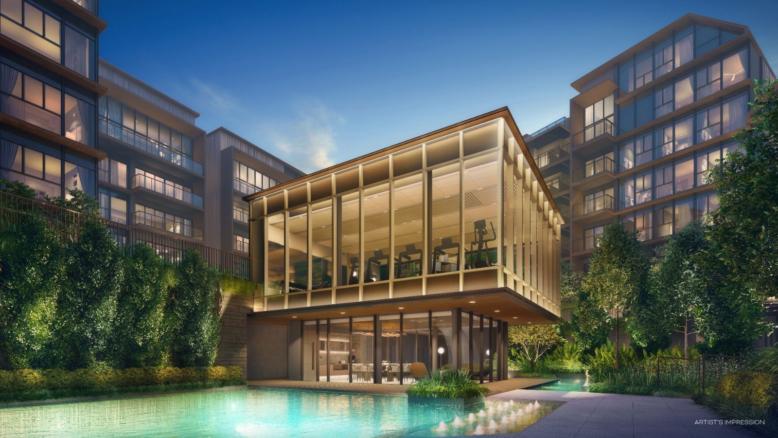 Artist's impression of Terra Hill at dusk: a glass-walled gym pavilion over a lap pool, framed by low-rise residential blocks and greenery.
