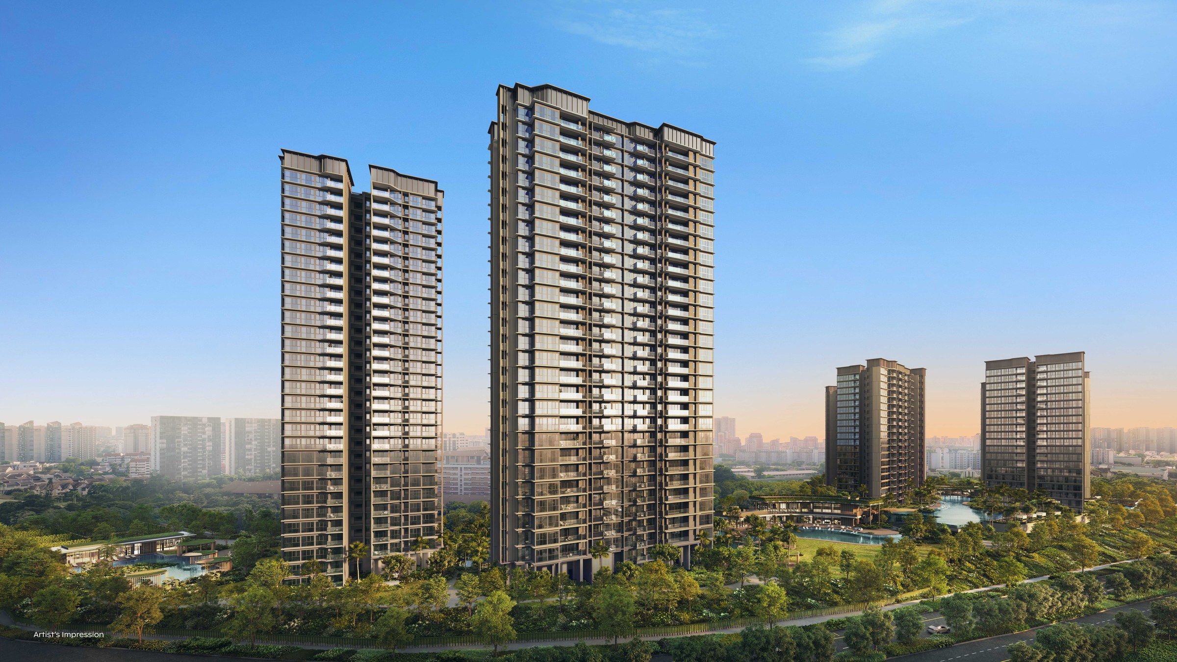 Artist's impression of Thomson Reserve, showing residential towers set in landscaped grounds with lap pools and greenery.