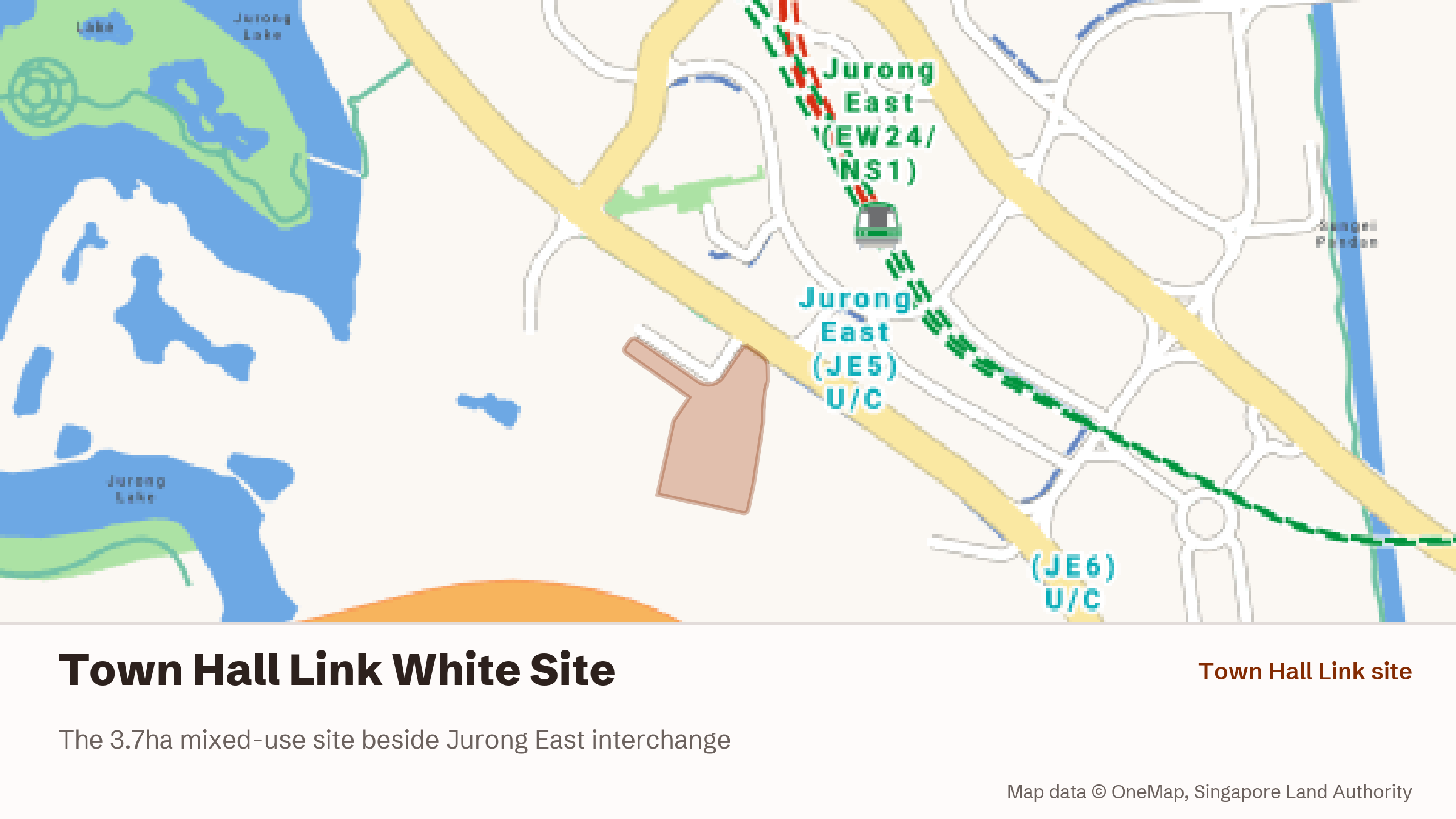 Map shading the exact boundary of the Town Hall Link white site, southwest of Jurong East MRT interchange, beside the under-construction JE5 station.